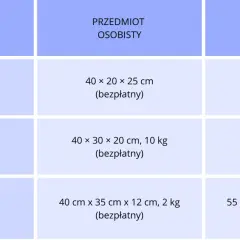 Tabela z wymiarami i cenami bagażu podręcznego i osobistego dla linii lotniczych Ryanair, Wizz Air i LOT.