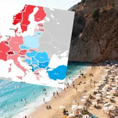 Mapa Europy z zaznaczonymi krajami i procentami, nałożona na zdjęcie plaży z turystami.