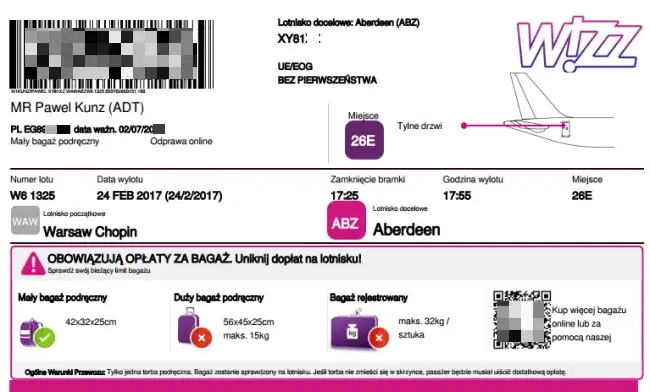 karta pokładowa samolotu wzór z zaznaczonym numerem bramki