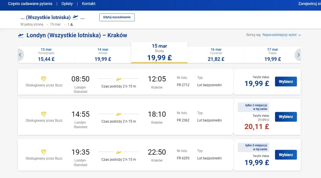Ryanair zmiana biletu koszty