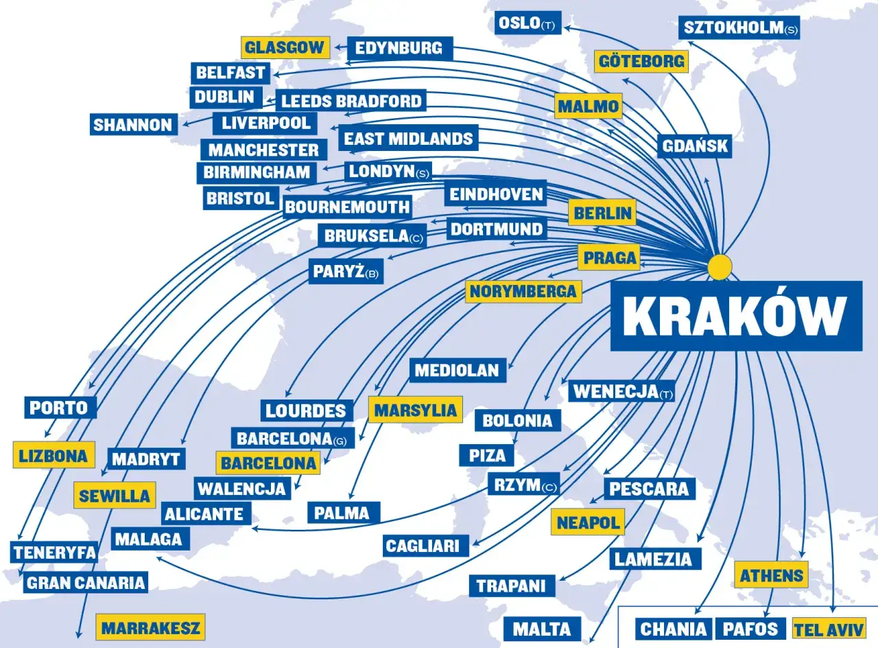 Mapa połączeń Ryanair z Polski